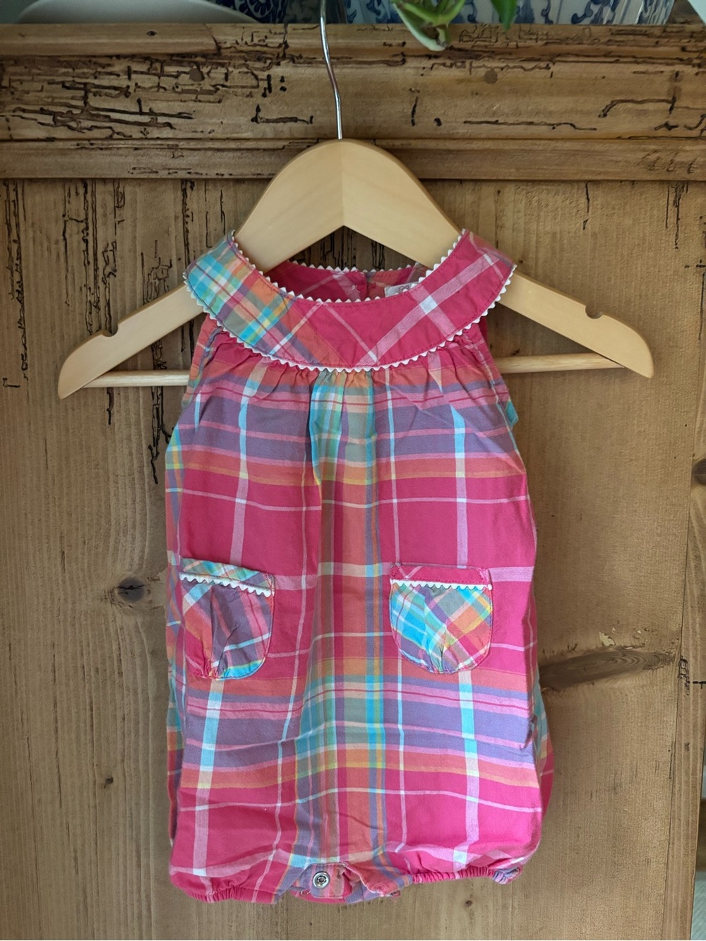 Chaps Pink Plaid Bubble Romper with Multicolor Accents Size 3M